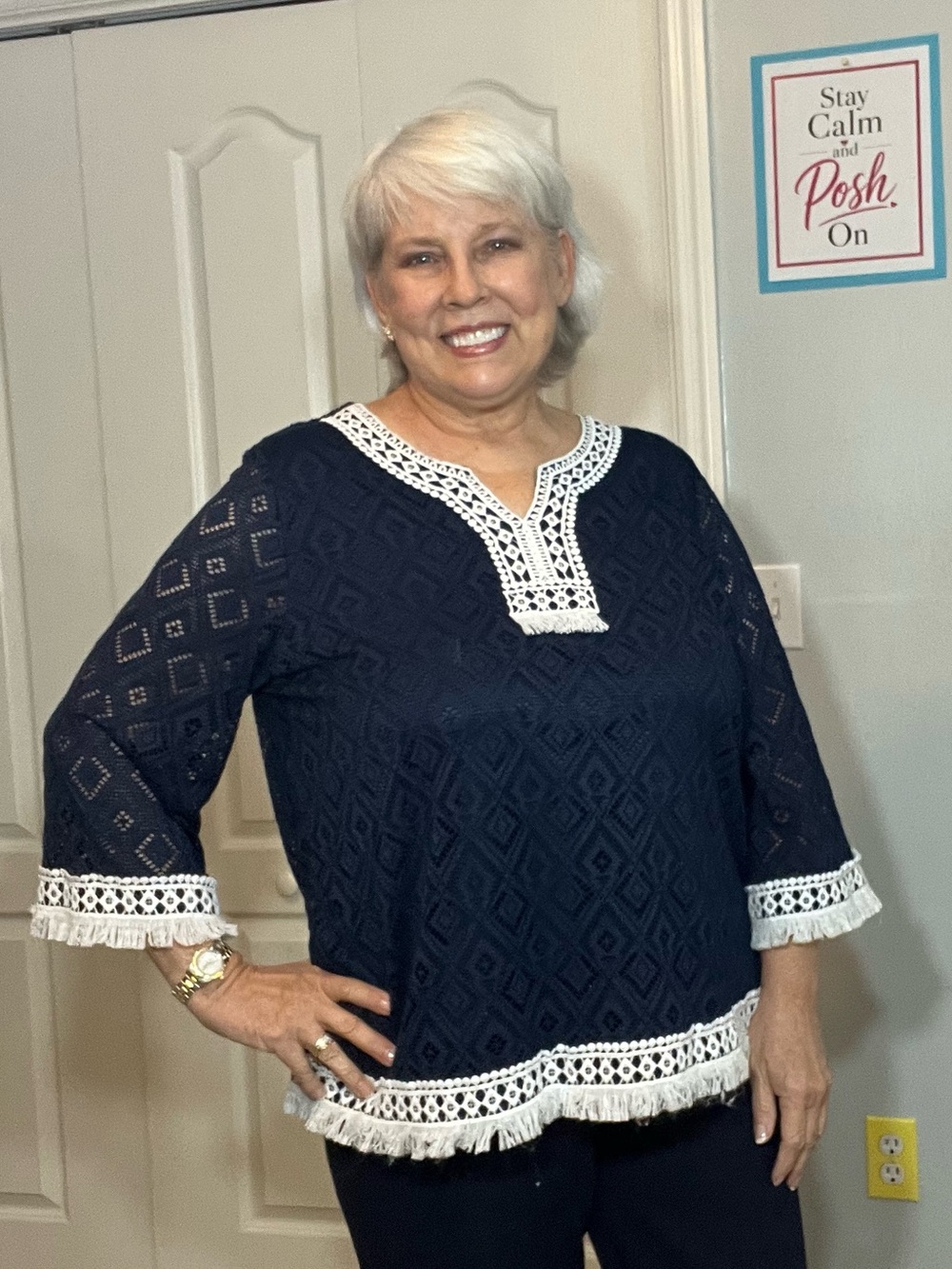 Alfred Dunner Navy Tunic with White Crochet Trim Petite XL EUC